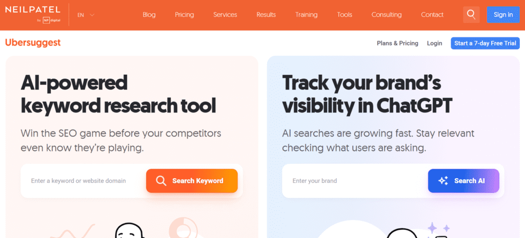 Ubersuggest web page