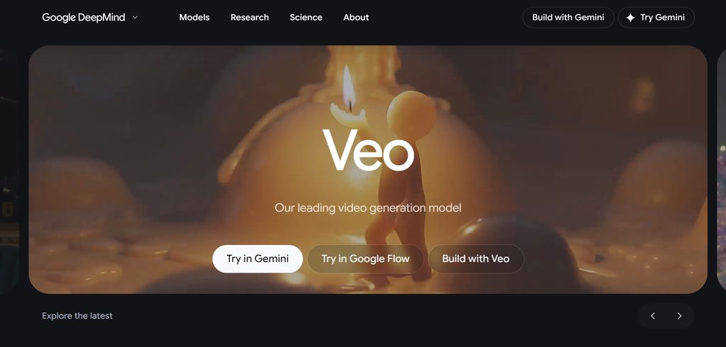 	Google Veo page, Google’s AI video generator that creates realistic clips with native audio