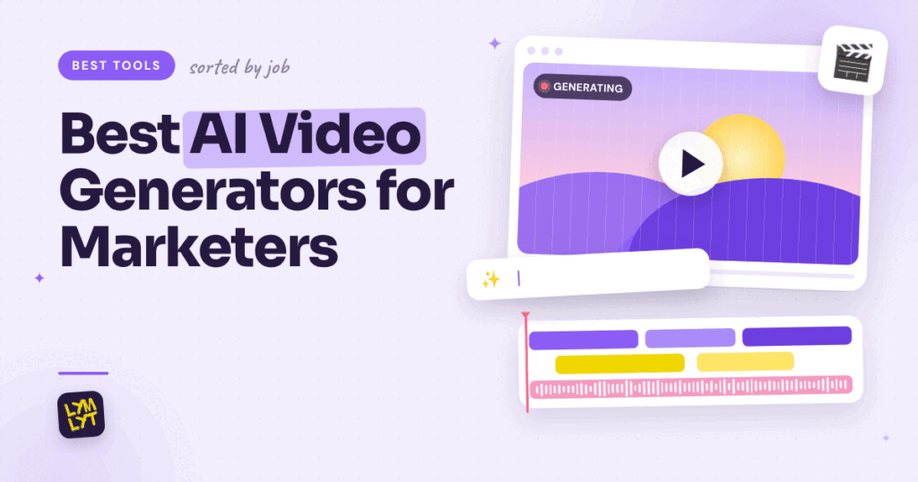 Best AI video generators for marketers, shown as an AI video editor with a play button, prompt and timeline