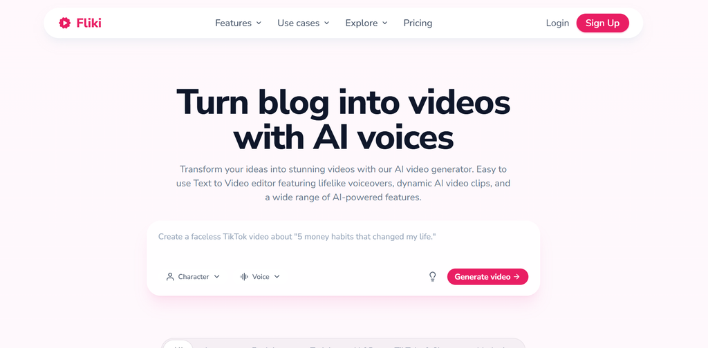 Fliki homepage, an AI video generator for text-to-video social clips with AI voiceover