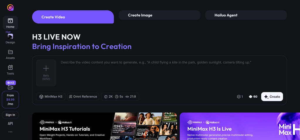 Hailuo AI homepage, an AI video generator for fast, physics-heavy and stylized clips