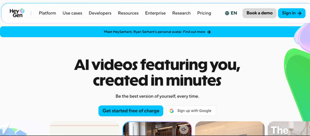 HeyGen homepage, an AI avatar video generator for marketing and short-form video