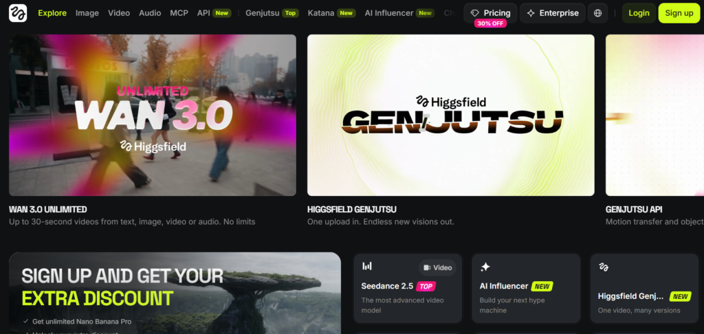 Higgsfield homepage, an AI video platform with multiple video models and camera presets in one place