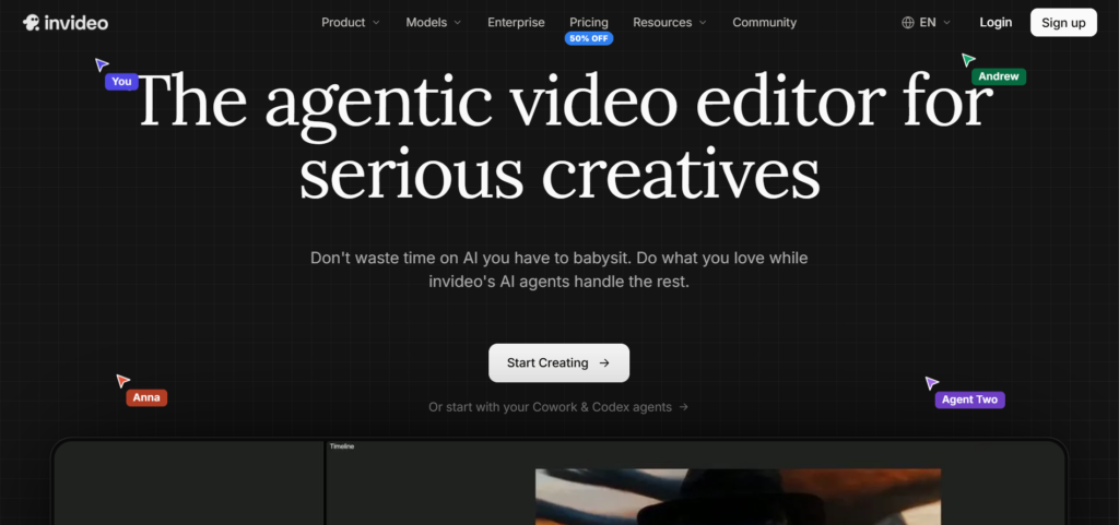 InVideo AI homepage, an AI video generator that turns a text brief into a marketing video