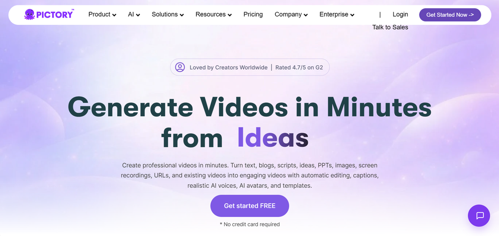 Pictory homepage, an AI video tool that turns blog posts and articles into short videos