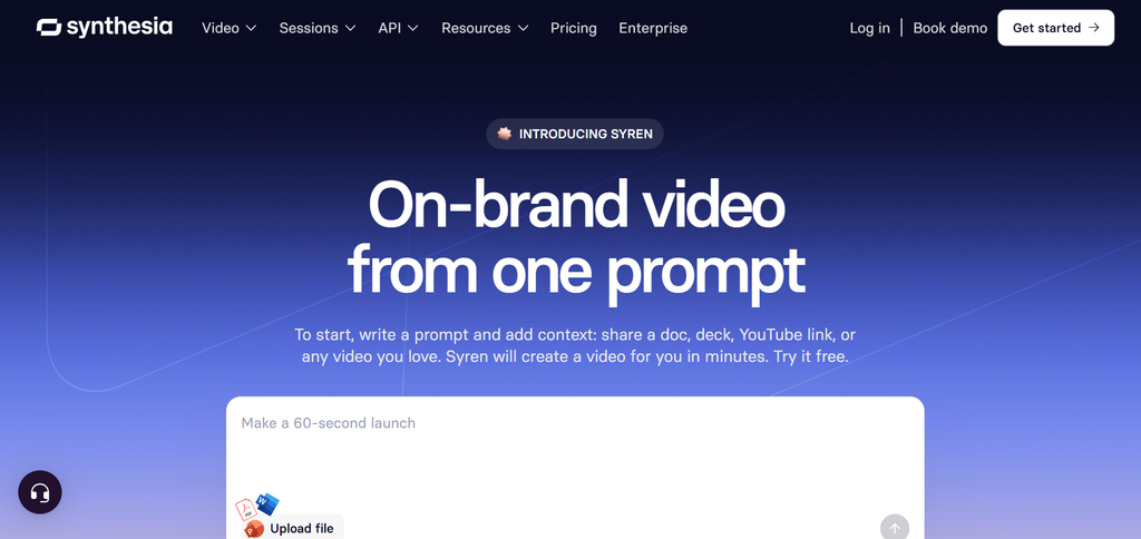 Synthesia homepage, an AI avatar video generator for training and explainer videos