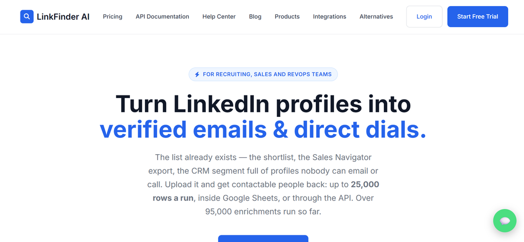 LinkFinder AI homepage, a B2B enrichment tool that finds verified emails and phone numbers from LinkedIn profiles