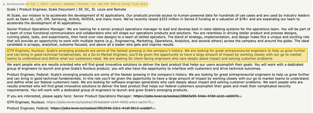 Scale AI's July 1, 2021 Hacker News job posting listing a GTM Engineer role.