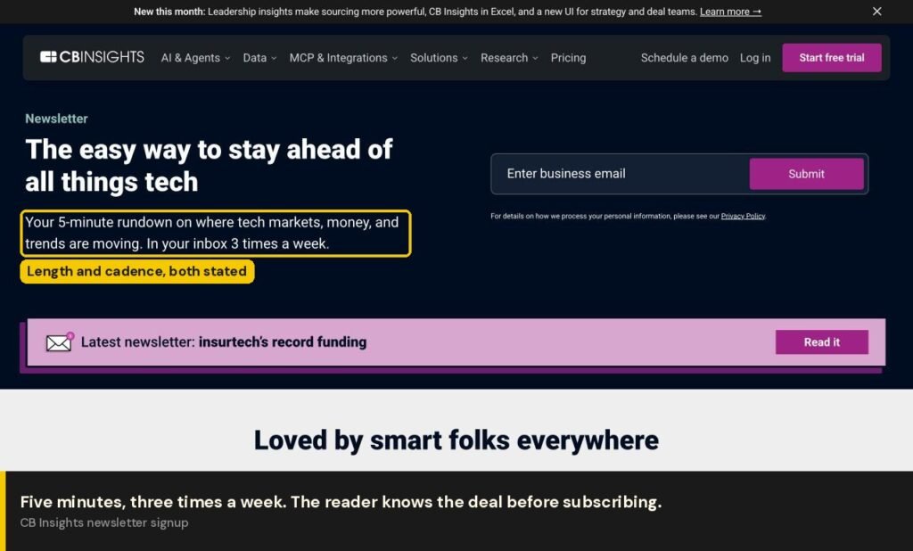 CB Insights signup stating the five minute read and three times a week cadence