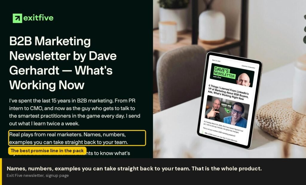 Exit Five positioning line promising names, numbers and examples