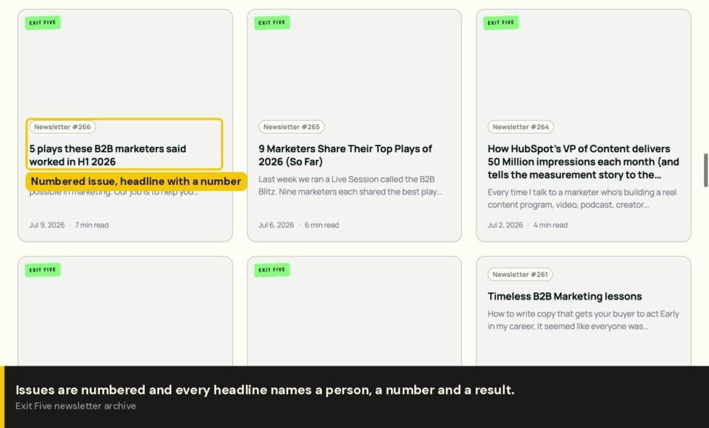 Exit Five archive showing numbered issues and headlines built around a person and a number