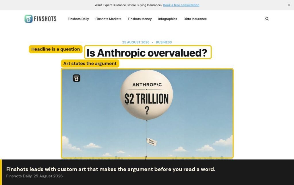 Finshots issue header with the headline and custom illustration marked up