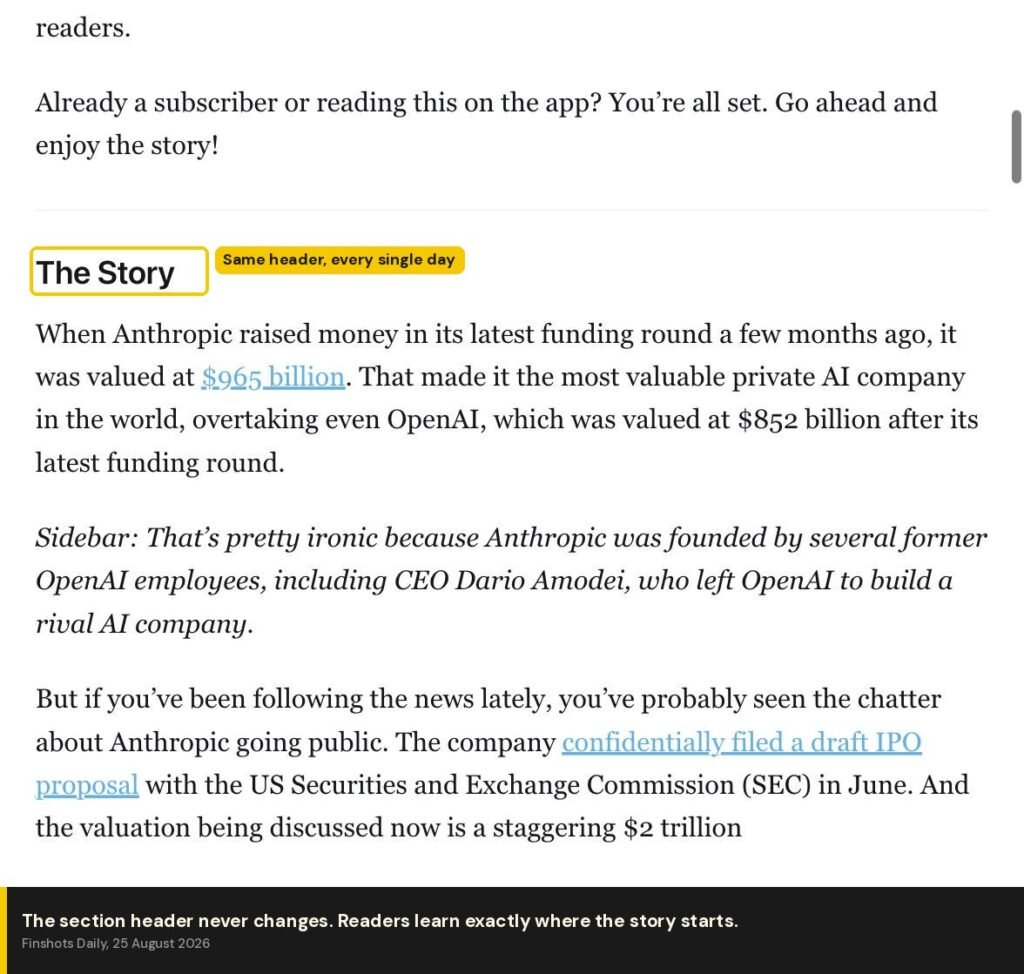 Finshots story section with the fixed The Story header highlighted