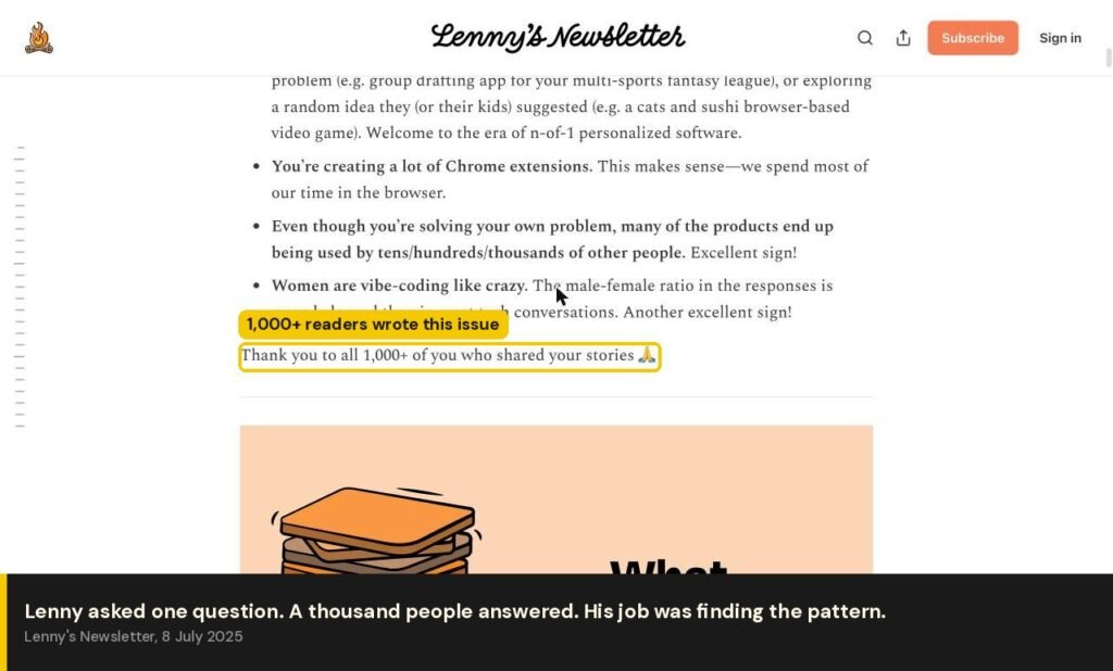 Lenny's Newsletter closing line thanking 1,000+ readers who shared their stories