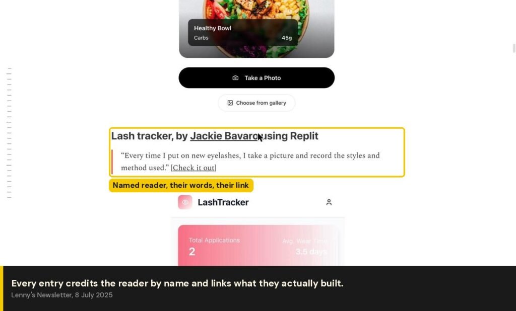Lenny's Newsletter entry crediting a named reader with a quote and a link
