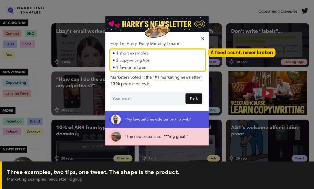 Marketing Examples signup showing the 3-2-1 fixed content shape