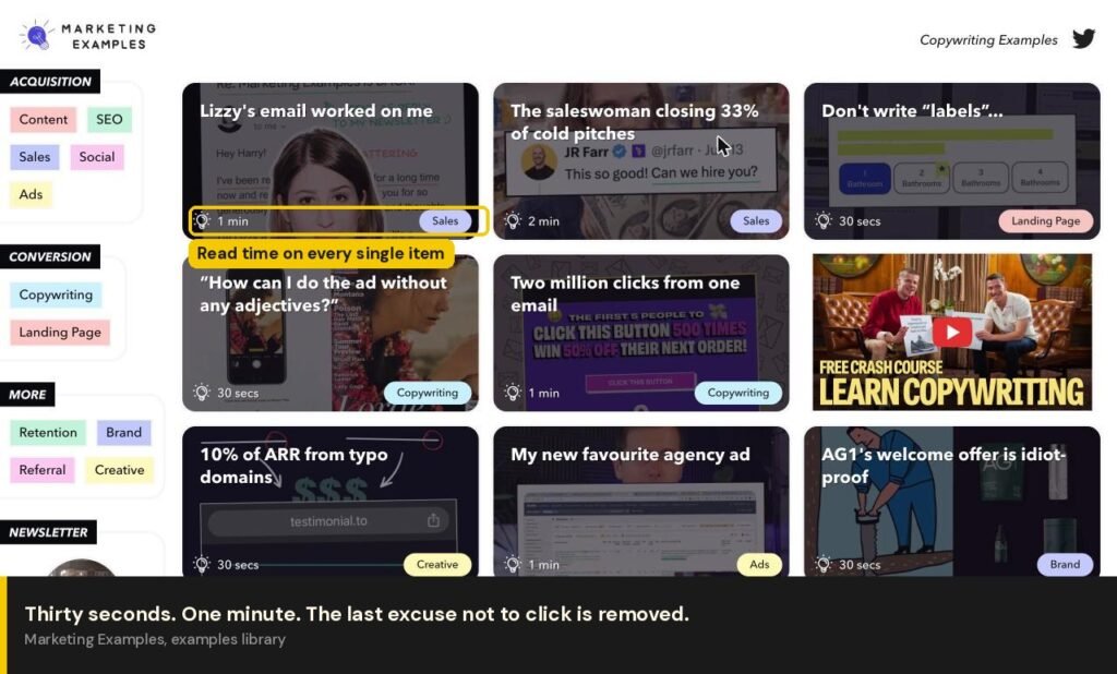 Marketing Examples library with read time badges on every item
