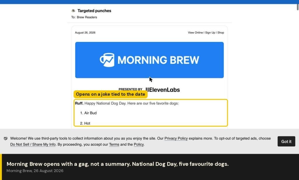 Morning Brew opening with a National Dog Day joke