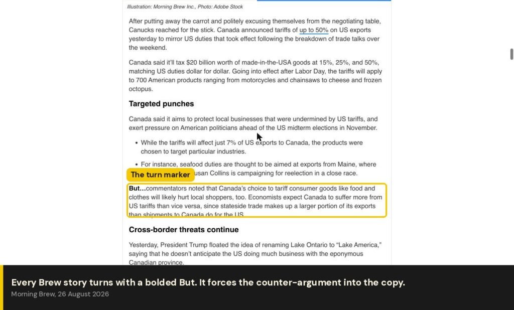 Morning Brew story with the bolded But turn marker highlighted