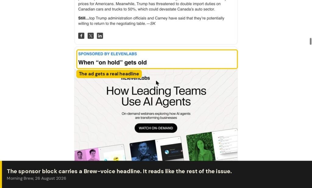 Morning Brew sponsored block with its own written headline