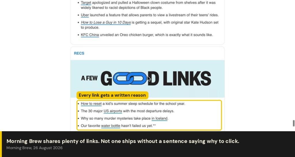 Morning Brew A Few Good Links section where every link has a written reason