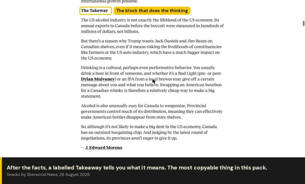 Snacks story showing the labelled The Takeaway block