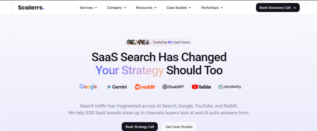 Scalerrs homepage, a B2B SEO agency for SaaS SEO, AEO and Reddit marketing