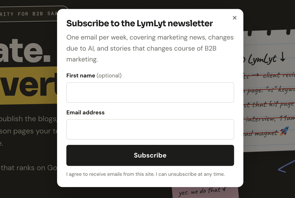 LymLyt newsletter subscribe popup on the homepage