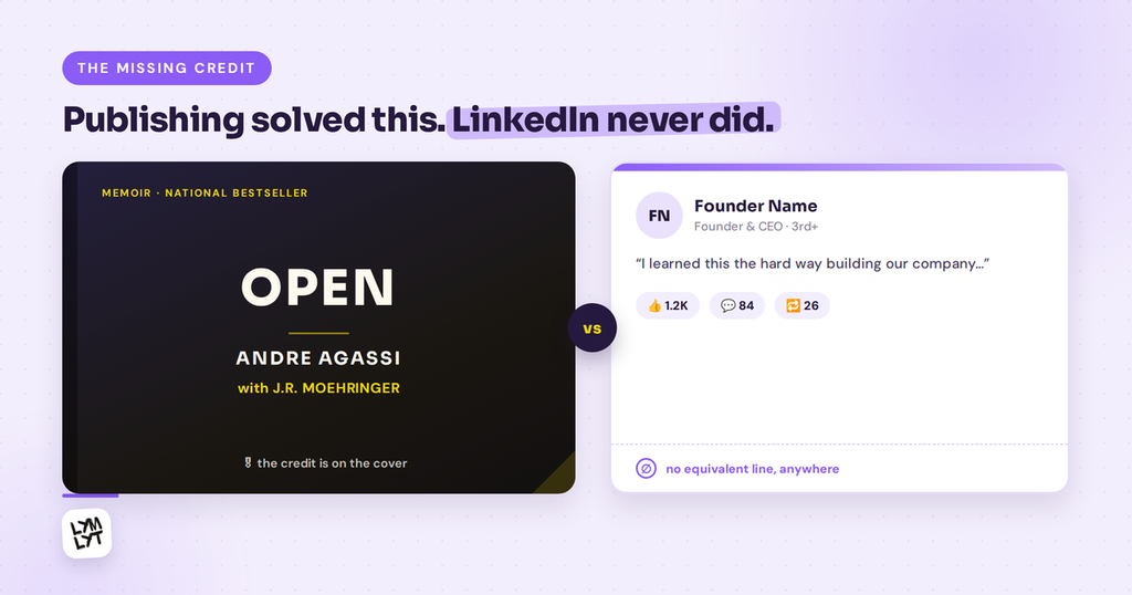 A book cover reading "Andre Agassi, with J.R. Moehringer" next to a LinkedIn profile with no equivalent credit line anywhere.