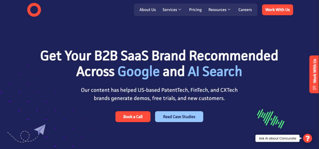Concurate homepage, a B2B SEO agency for decision-stage SaaS content