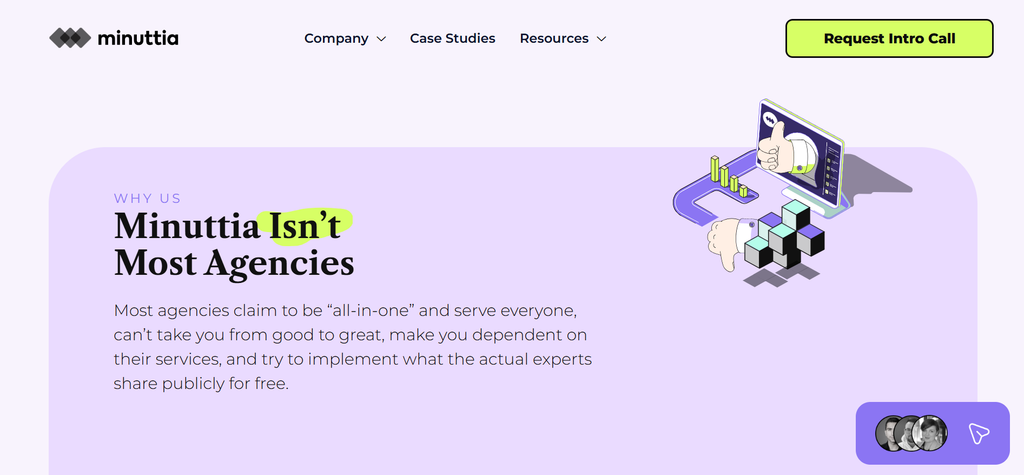 Minuttia homepage, a B2B SEO agency for established SaaS search programs