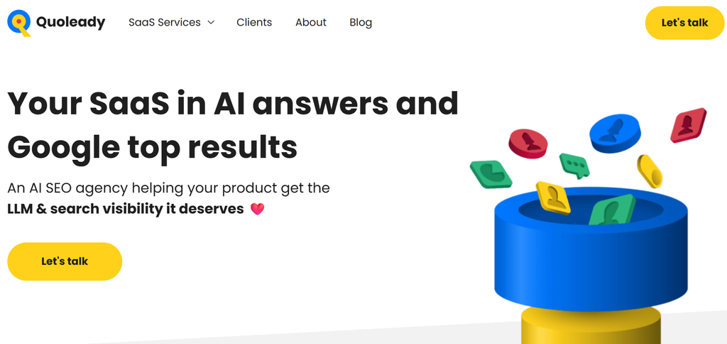 Quoleady homepage, a B2B SEO agency for SaaS content and AI visibility