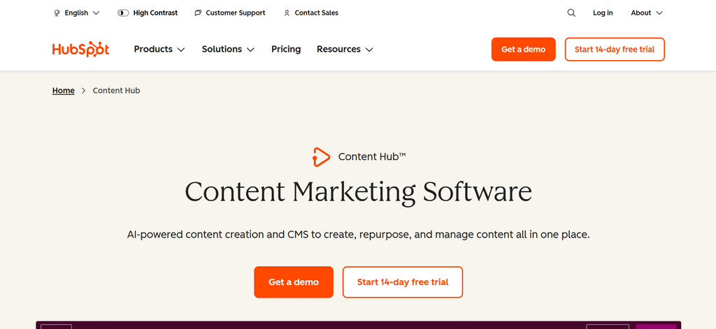 HubSpot Content Hub page, a CMS with built-in smart content personalization