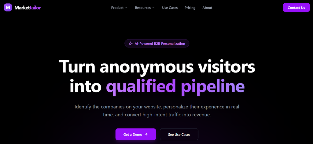 Markettailor homepage, a B2B website personalization tool that swaps content by industry and company size