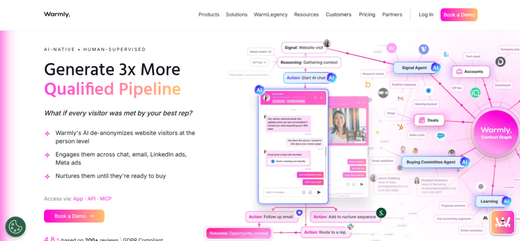 Warmly homepage, one of the website personalization tools that identifies visiting companies and adapts the page in real time