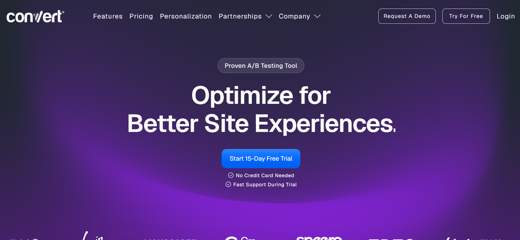 Convert homepage, an A/B testing tool with visitor targeting and published pricing