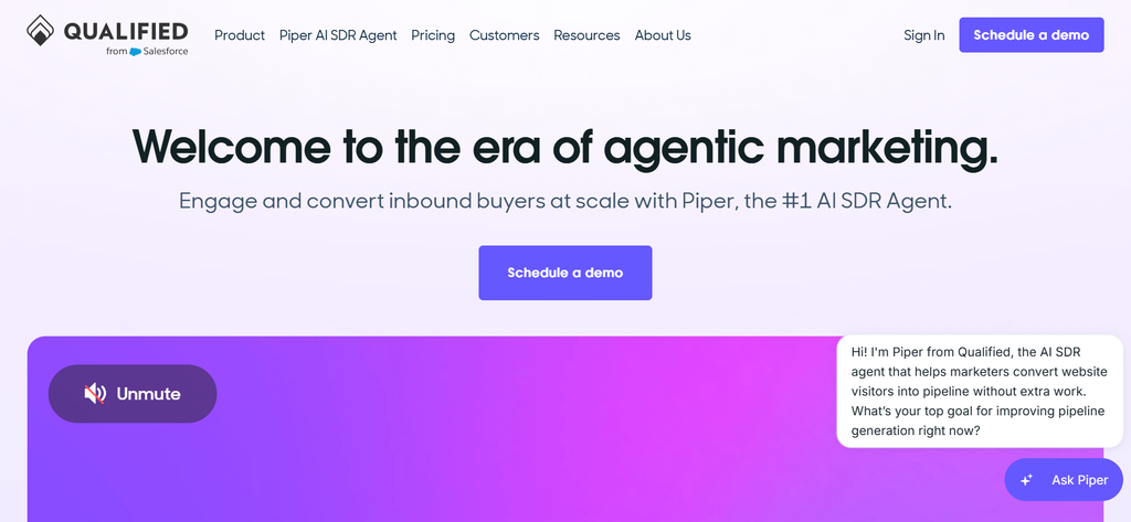 Qualified homepage, featuring Piper, the AI SDR agent for personalized website conversations