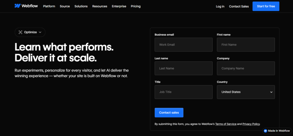 Webflow Optimize page, one of the website personalization tools combining A/B testing and AI optimization